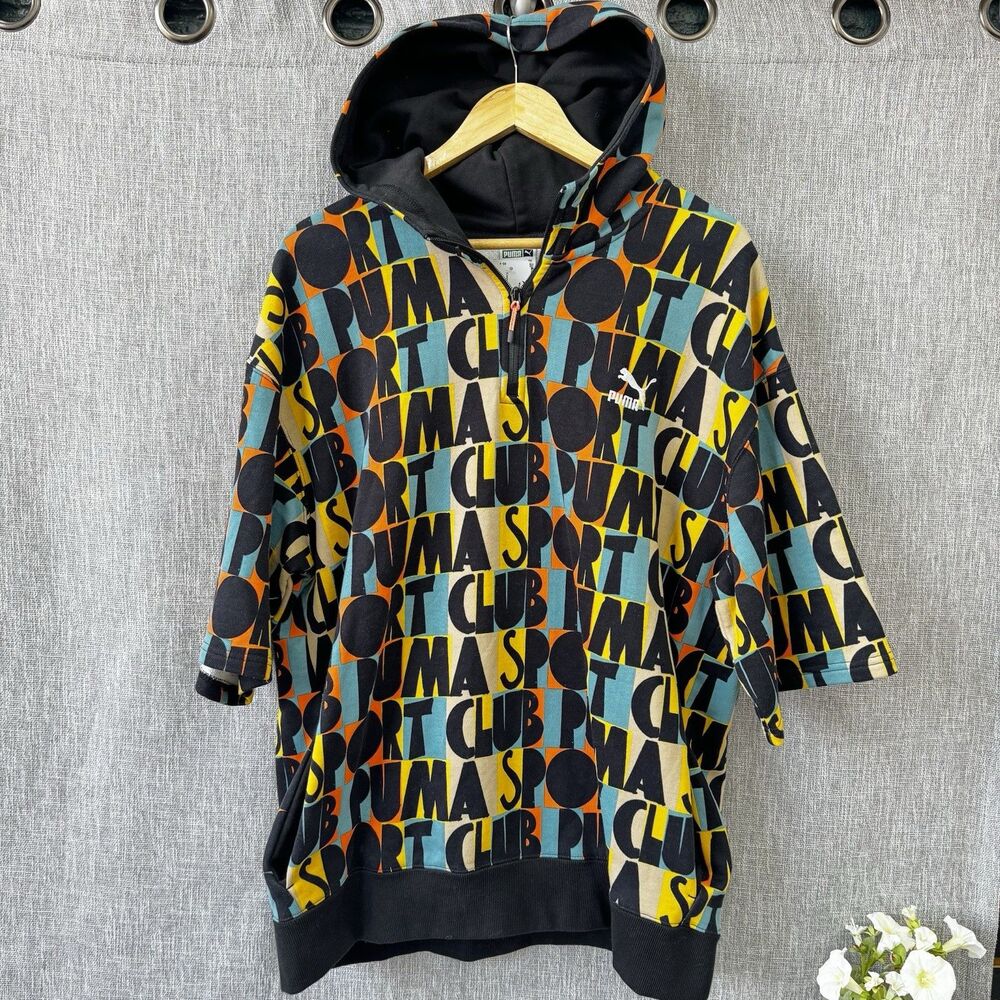 NWT PUMA Sport Club Short Sleeve Hoodie L All Over Print AOP Knit Sweatshirt